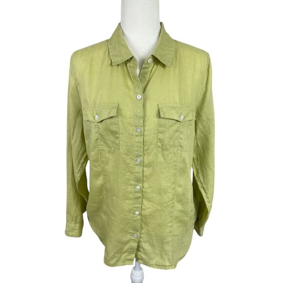 J. Jill Love Linen Button Front Shirt Long Sleeves Pockets Chartreuse Sz Medium - Picture 2 of 12